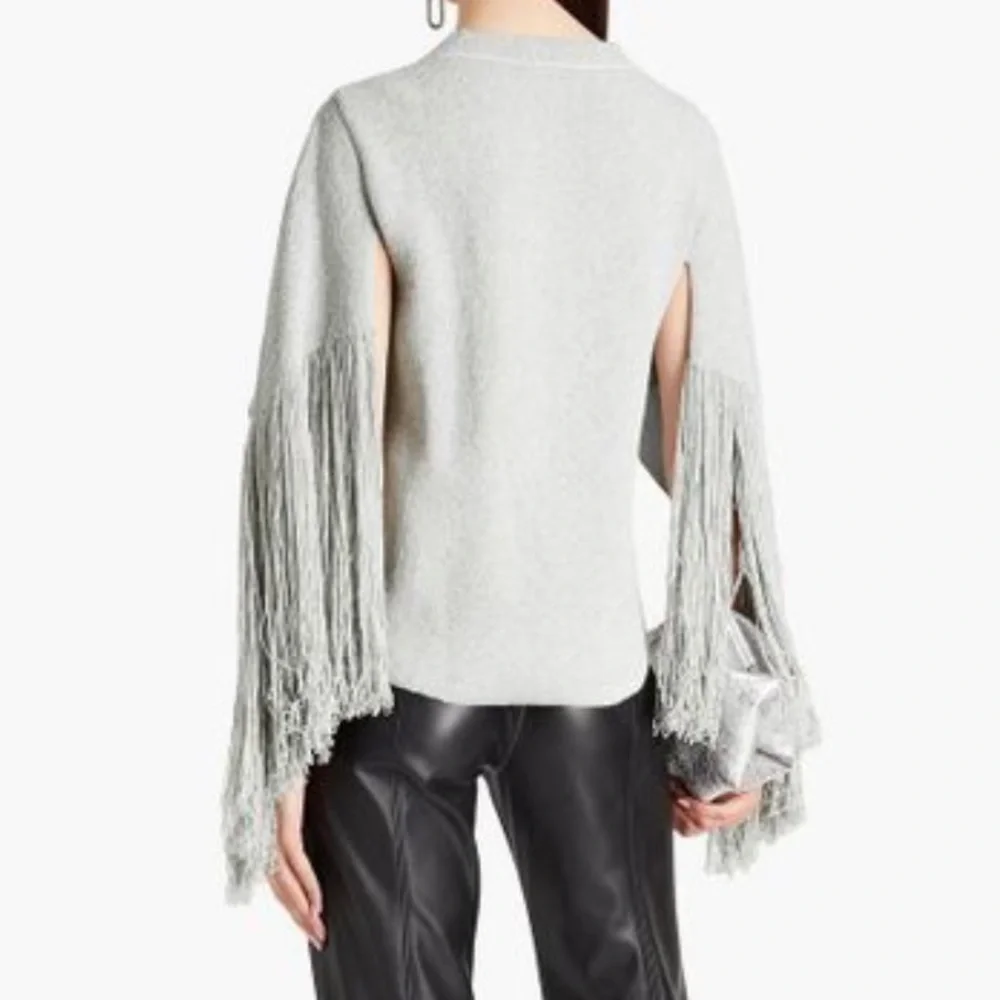 Proenza Schouler Light Gray Fringe Sleeve Knit Sweater